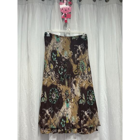 VTG Style & Co Brown Teal Floral Y2K Fairy Cottagecore Maxi Skirt Butterfly 10 P - Picture 1 of 7